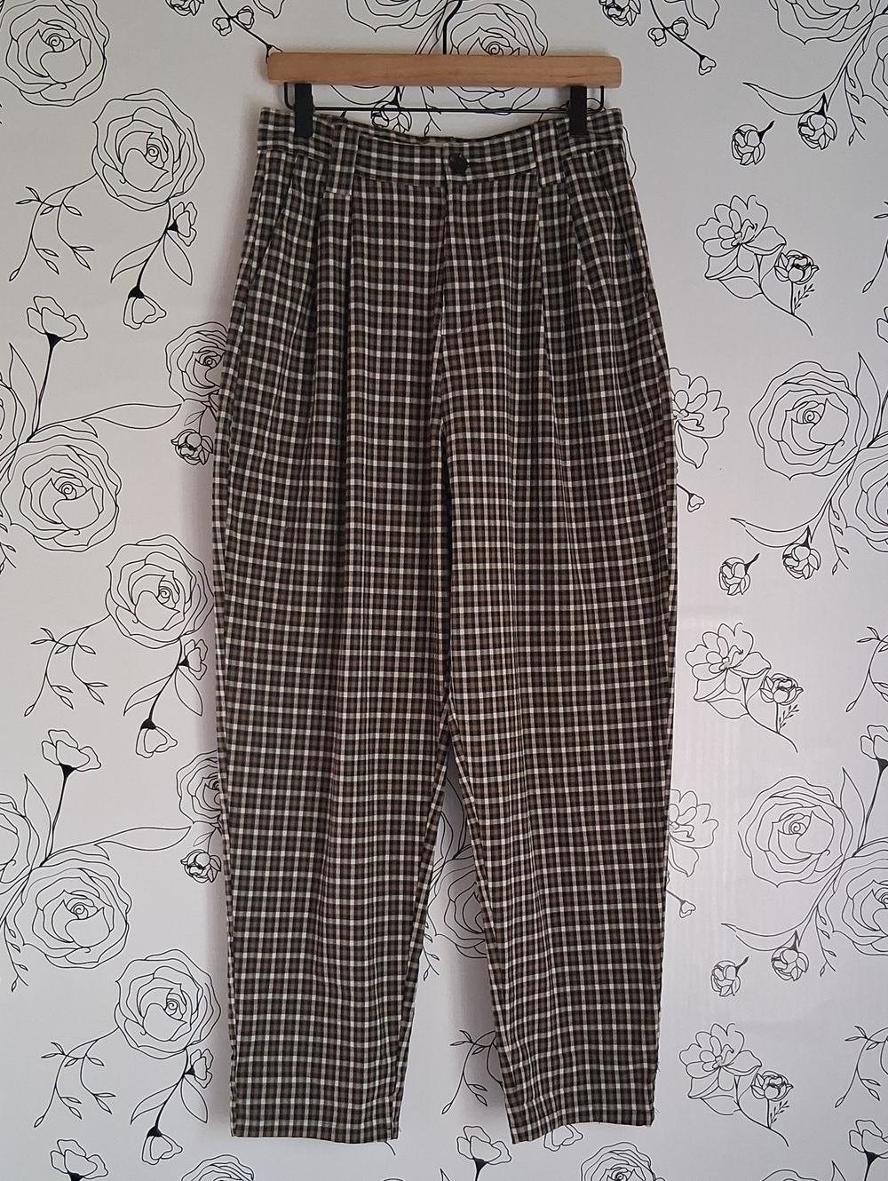 Topshop Brown Plaid Pleated Trousers High-waisted 8